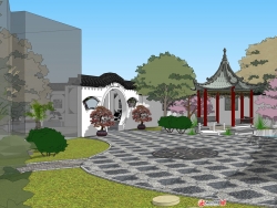 中式景观带模型，中式庭院景观