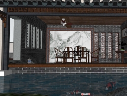 一个中式古典的私人住宅茶室及流水景墙鱼池景观