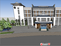 中式山地酒店建筑SU模型