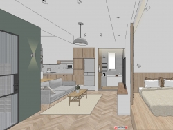 极简现代公寓开放式厨房客厅设计SU模型下载