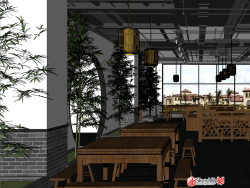 中式快餐餐厅大食堂室内装饰设计SU模型下载