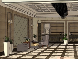 酒店大厅SU模型 接待前台会客厅室内设计