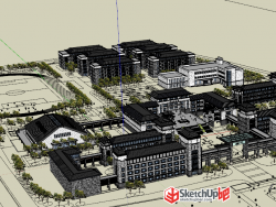 中式校园SU模型下载 中学教学楼建筑设计