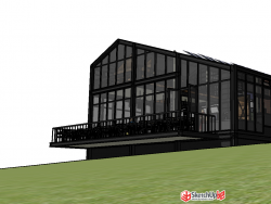 山地餐厅SU模型下载-玻璃房建筑室内设计