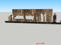 竹简镂空中式景墙小品模型
