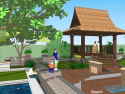 【原创】东南亚风格泡池区域及休闲凉亭精细模型