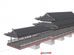 中式建筑 廊桥精细模型