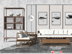 新中式沙发置物柜背景墙SU模型下载