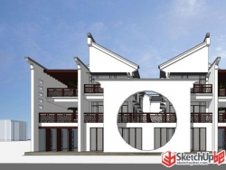 中式围别墅建筑规划设计SU模型下载