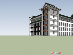 新中式四层办公楼建筑SU模型下载