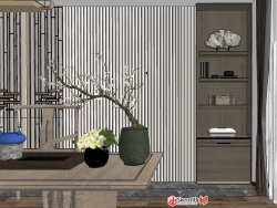 新中式茶桌茶室室内装饰设计SU模型下载