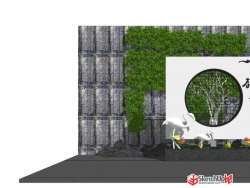 中式白鹤圆窗景观墙SU模型