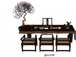 中式茶室桌椅组合SU模型下载