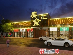 商业步行街阳光餐厅厂房改造夜景SU模型下载