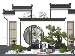 新中式景观小品庭院景观景墙SU模型