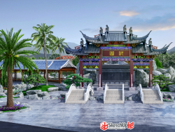 中式景观+欧式别墅建筑SU模型下载