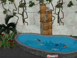 中式花园小景节点（33）藤蔓水缸锦鲤