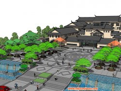 SU精品模型：中式博物馆建筑广场景观设计模型