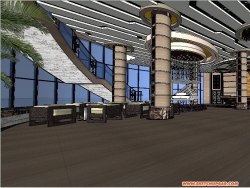 星级酒店大堂SU模型下载-现代大气会所大厅室内设计