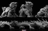 中国瑞兽石雕精细模型，含飞龙、玄武、麒麟、金蟾