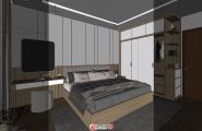 一个现代原木风卧室模型加渲染