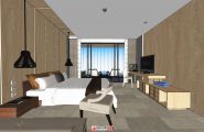 现代卧室酒店房间双人床室内SU模型
